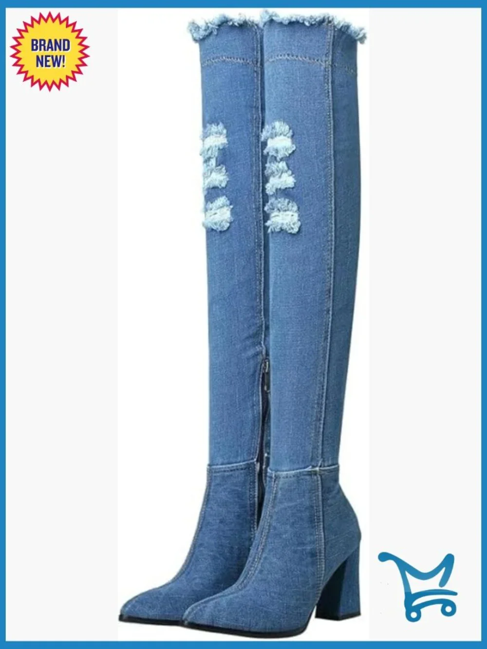 Denim Thigh High Boots Pointed Toe Block High Heel Over The Knee Boots